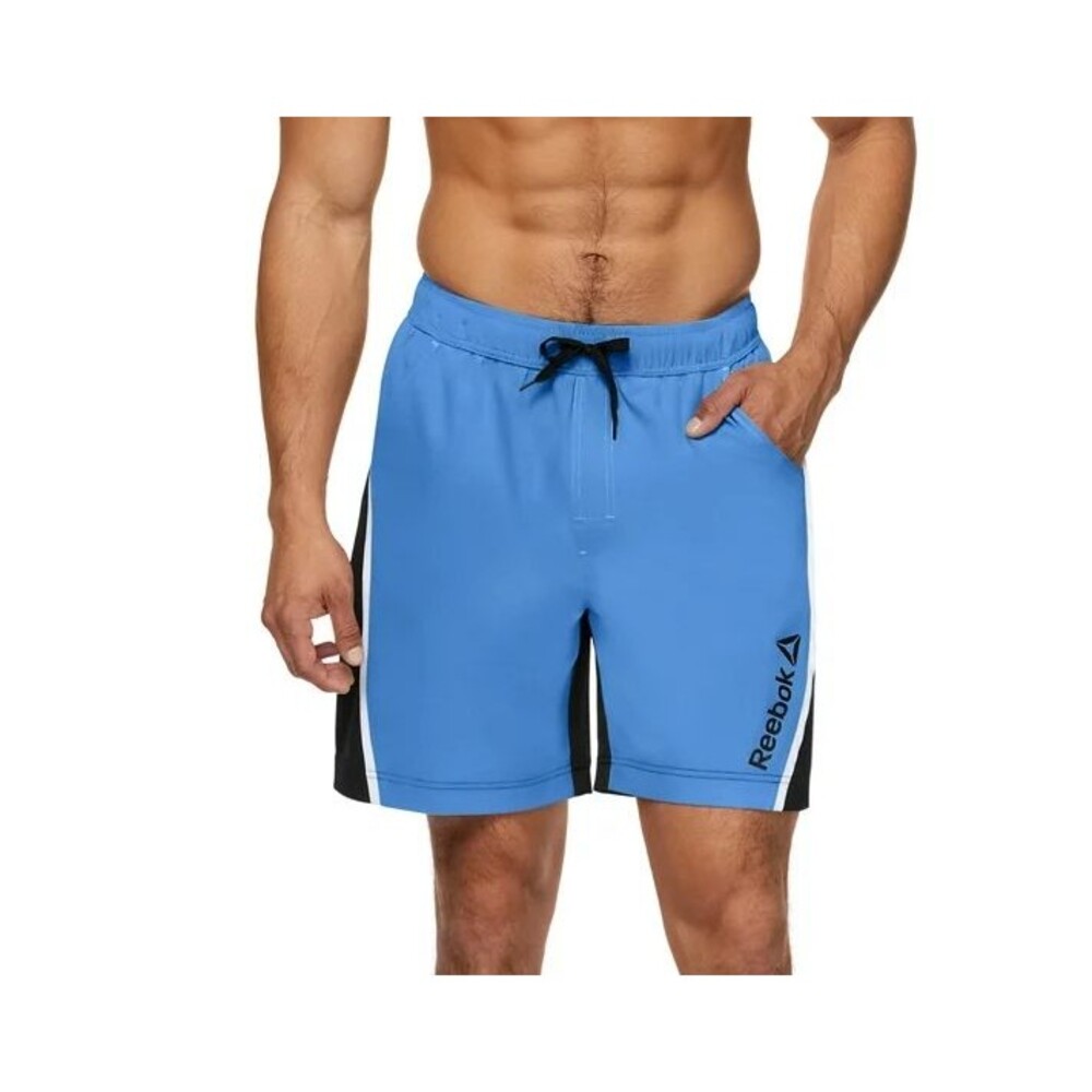 Men's Size XXL Reebok Colorblock Piping 7" Swim Trunk with UPF 50+ Blue NEW